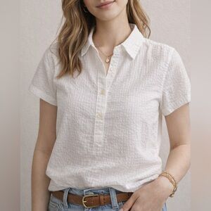 L.L. Bean Petite Medium White Seersucker Blouse Top Short Sleeve Cotton Summer